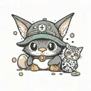 chibi manga penguin wearing cat ear hat and holding a cat head shaped pebble in hands tattoo design idea
