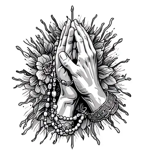 praying hands with rosary beads tattoo design idea