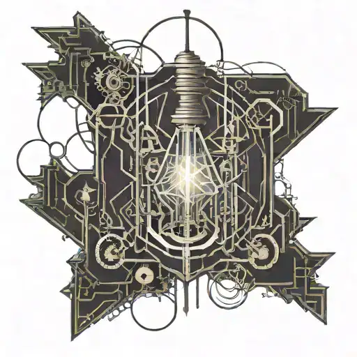 Modern steampunk geometric shaped edison light bulb rising from an open bible with the letters "YHWH" weaved in filiment tattoo design idea