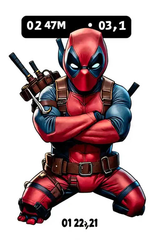 Stitch Deadpool, clock with the time 4:47pm showing, the date 01/23/21,   tattoo design idea