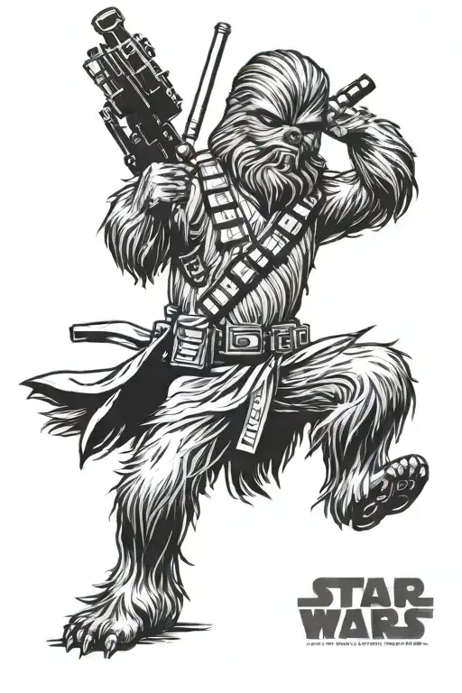 star wars chewbacca holding ligtsaber and figting imperial stormtroopers tattoo design idea