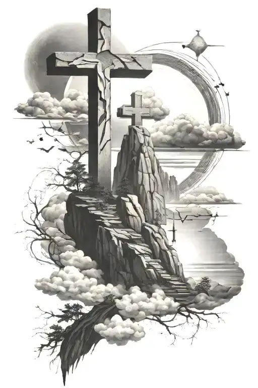 black and white full sleeve of big rock with three crosses fading into sunset and clouds with a space scene  tattoo design idea