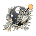 owl perched on a branch in forest with moon and flowers wtih colours  tattoo design idea