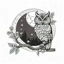 owl perched on a branch in forest with moon and flowers wtih colours  tattoo design idea