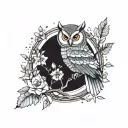 owl perched on a branch in forest with moon and flowers wtih colours  tattoo design idea