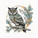 owl perched on a branch in forest with moon and flowers wtih colours  tattoo design idea