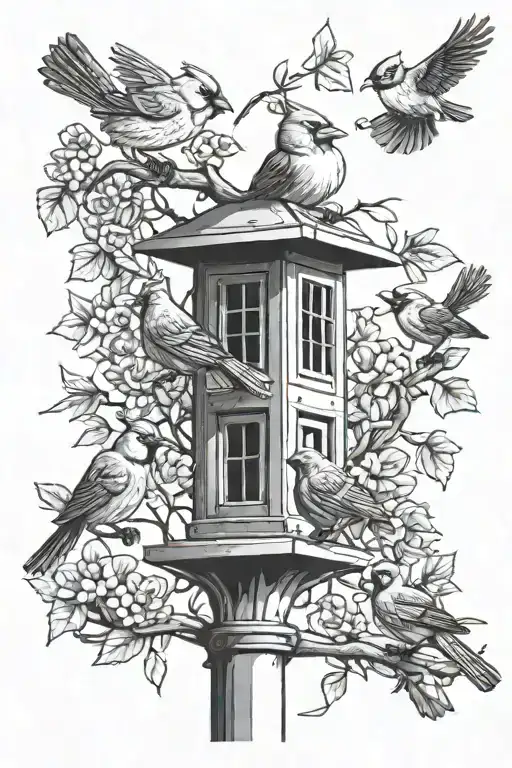 cardinals jays crows and doves sitting on a 3 light lamppost with an anti squirrel bird feeder  tattoo design idea