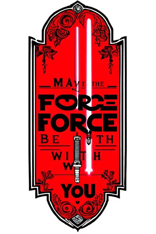 "May the Force Be With You" A minimalist lightsaber design spelling star wars with intricate and simple details surrounding tattoo design idea