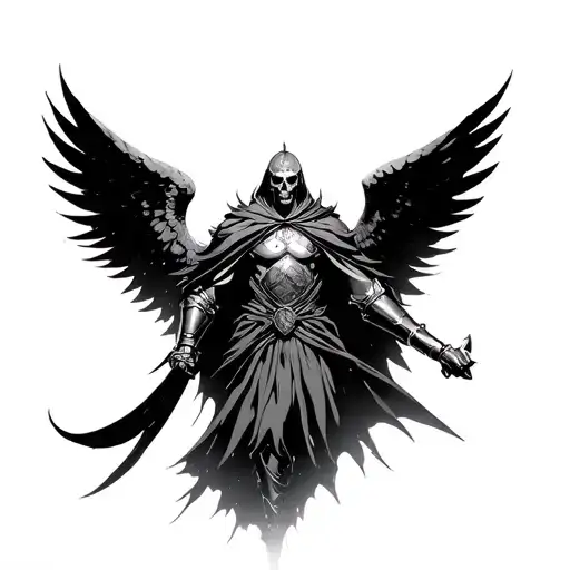 A warrior angel of death standing at the edge of the heavens, cloaked in dark celestial armor, with massive black wings  tattoo design idea