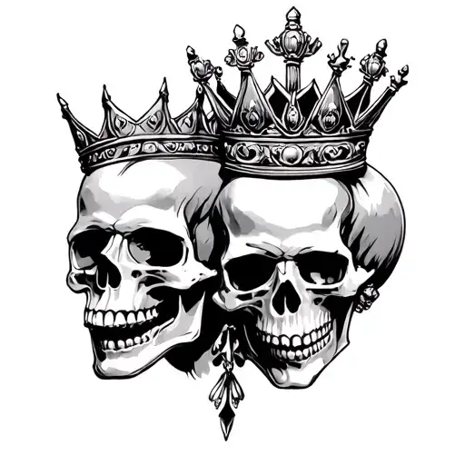 king and queen skulls leaning and forming tattoo design idea