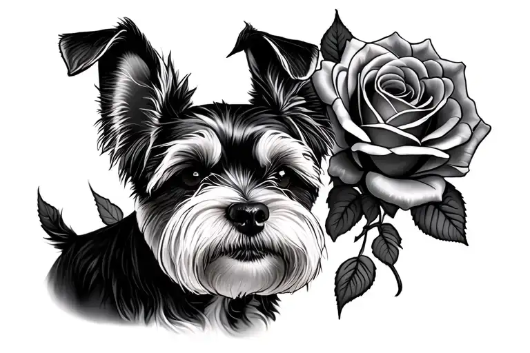 mini schnauzer white rose tattoo design idea