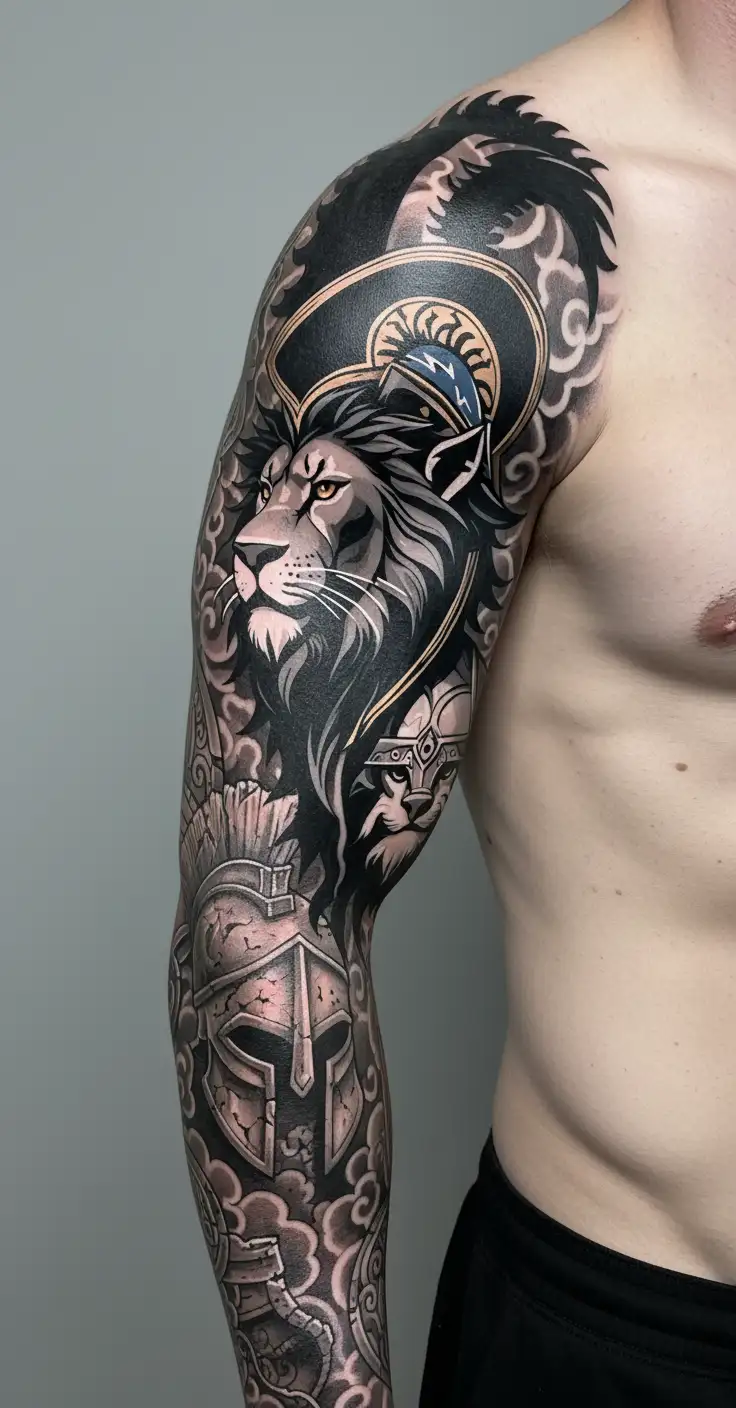 lion and spartan warrior tattoo design idea