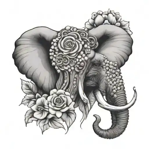 elephant head, African violets and pearls inside tattoo design idea