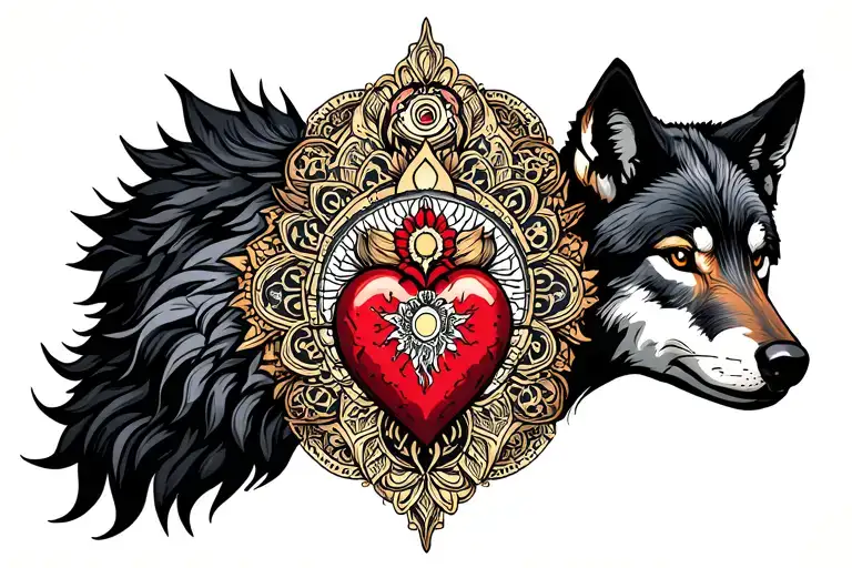 chest tattoo with mandala, sacred heart, and wolf tattoo design idea