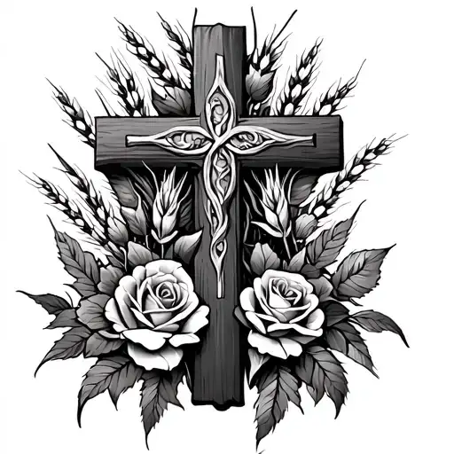 Cross with Vines. going up it with roses carnations and lilys and Wheat in the Back tattoo tattoo design idea