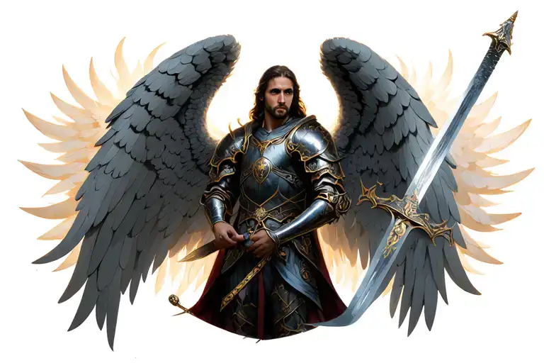 Archangel Gabriel in divine warrior with complex armor, detailed sword and detailed wings tattoo design idea