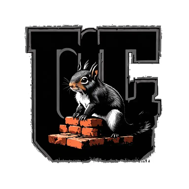 Create a small tattoo that incorporates a squirrel and a red brick, with deep shading, also hiding the letters CT tattoo design idea