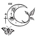 moon crying, rose, snake with head, the number 444, an eye, butterfly wings, religious cross, tattoo design idea