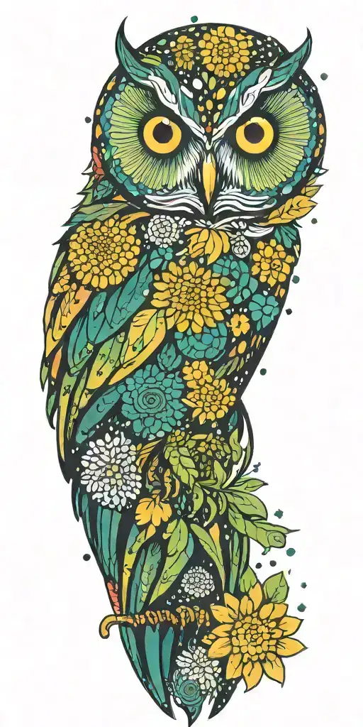 colorful owl with a chrysanthemum  flower, some green spots and starry background that has planets tattoo design idea