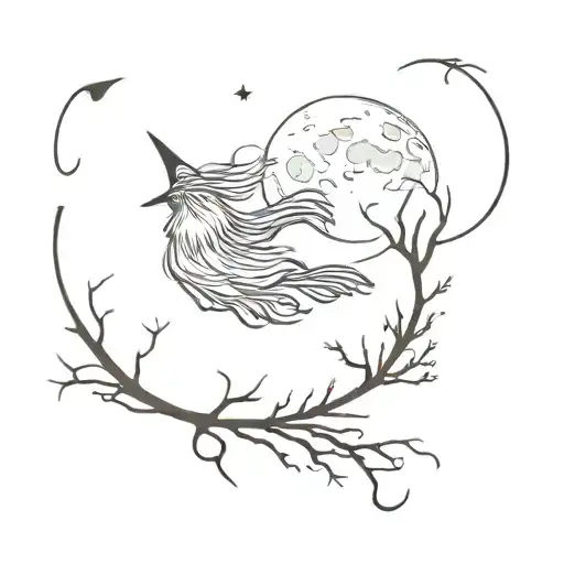 Witch's broom, hemlock and the moon tattoo design idea