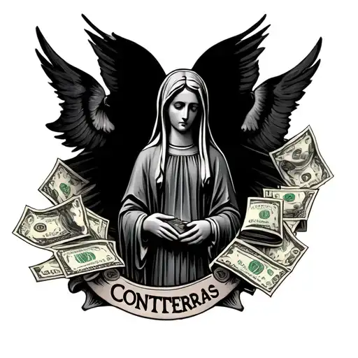 "CONTRERAS " WITH A VIRGIN MARY AND MONEY DRUGS AND SUCESS tattoo design idea
