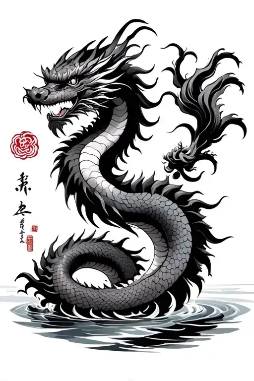 japanese dragon with water background tattoo design idea