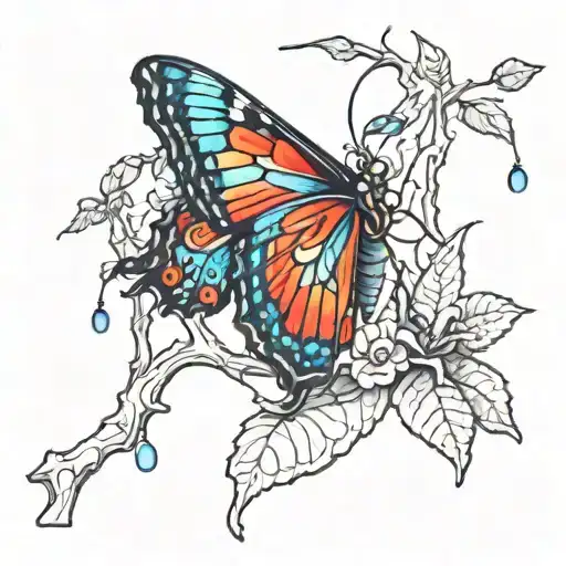 side view of a colorful butterfly sitting on a tree branch with blood dripping off the leaf tattoo design idea