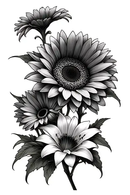 gerbera Daisy, lily, sunflower intertwined tattoo design idea