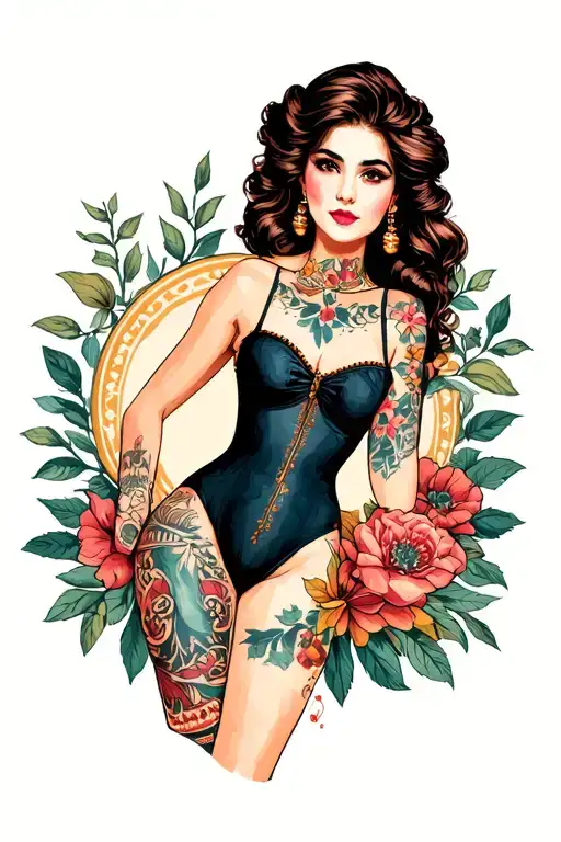 Woman with American traditional tattoo bodysuit tattoos tattoo design idea