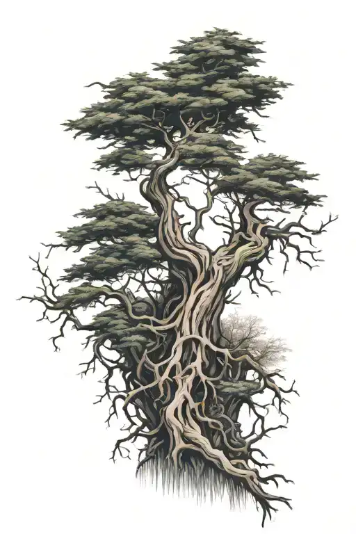 Cypress tree with roots shaped like an anchor tattoo design idea
