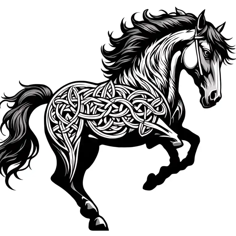 mustang horse head back high raising up verticaly high up scared or angry no clipping with celtic knots zoom out tattoo design idea