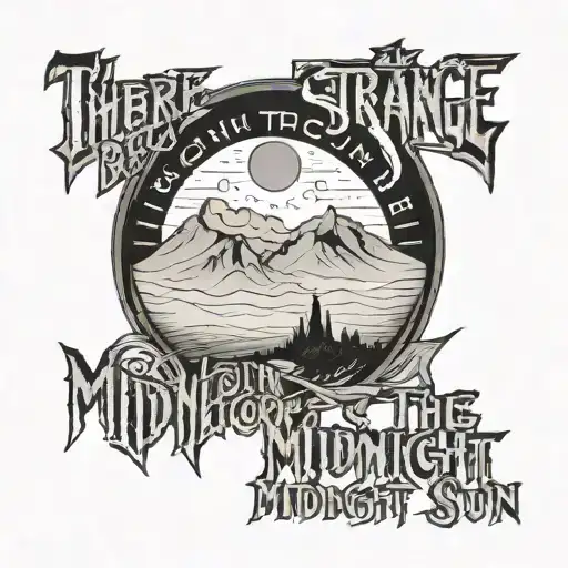 text 'there are strange things done in the midnight sun by the men who moil for gold' between two mountains tattoo design idea