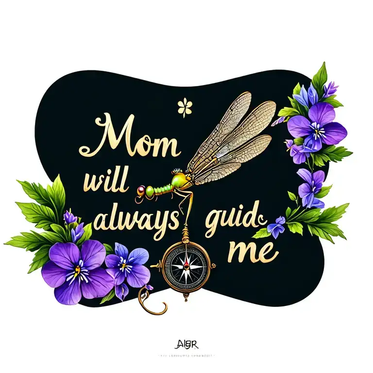 "Mom will always guide me " dragonfly with compass in the middle surrounded by violets tattoo design idea