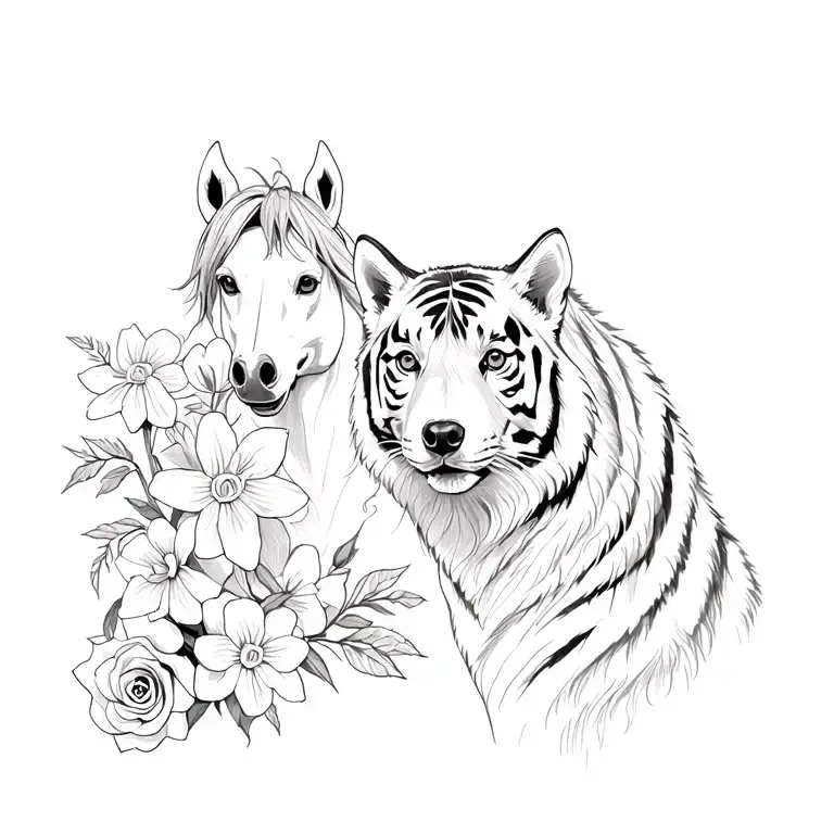 a horse, husky dog and tiger together with roses and narcissus flowers tattoo design idea