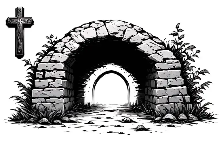 cross and empty tomb stone in one tattoo design idea