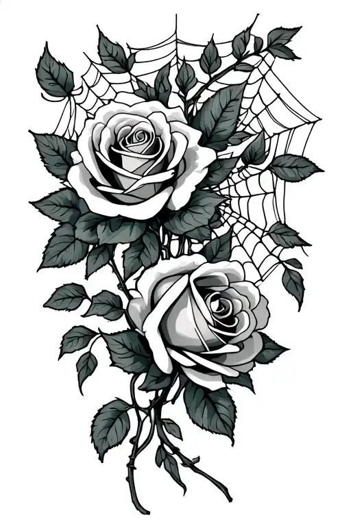 Roses with vines and spider webs entwined tattoo design idea