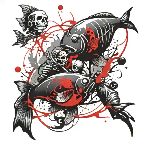 two pisces fish, angel saving falling skeleton, Banksy balloon boy, all ink splatter style. tattoo design idea
