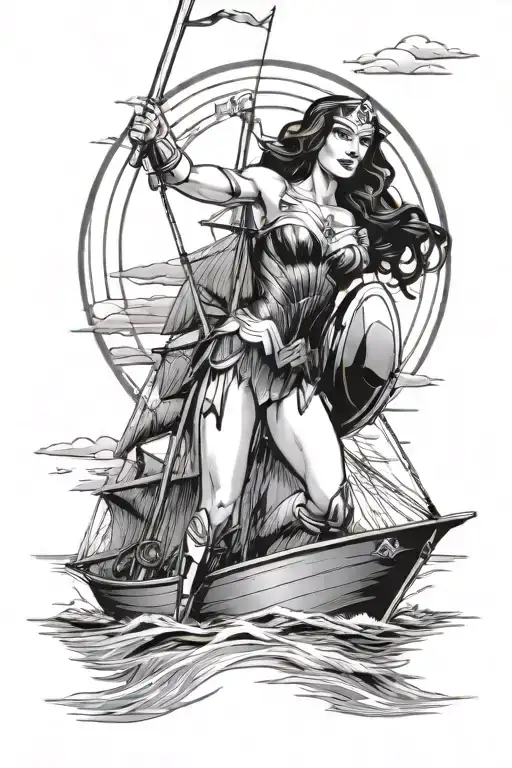 wonder woman on sailboat into sunset tattoo design idea