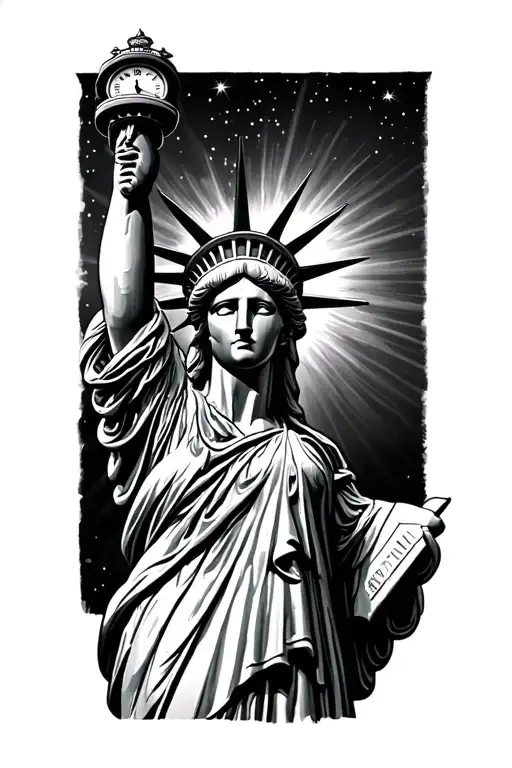 Statue of Liberty with a night background and star effect, a Roman clock on the statue’s head. tattoo design idea