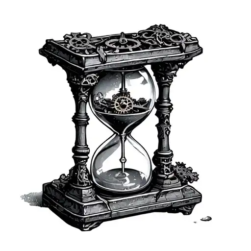Gothic hourglass with detailed clockwork gears and sharp hands, symbol of relentless time, deep black ink, fine lines tattoo design idea