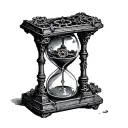 Gothic hourglass with detailed clockwork gears and sharp hands, symbol of relentless time, deep black ink, fine lines tattoo design idea