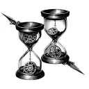 Gothic hourglass with detailed clockwork gears and sharp hands, symbol of relentless time, deep black ink, fine lines tattoo design idea