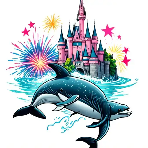 colorful dolphins surround a whale and there's shooting stars and four pink stars and The fireworks of the Disney Castle tattoo design idea