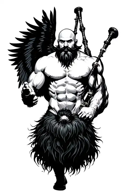muscular bagpiper bald black beard black big wings on his back tattoo design idea