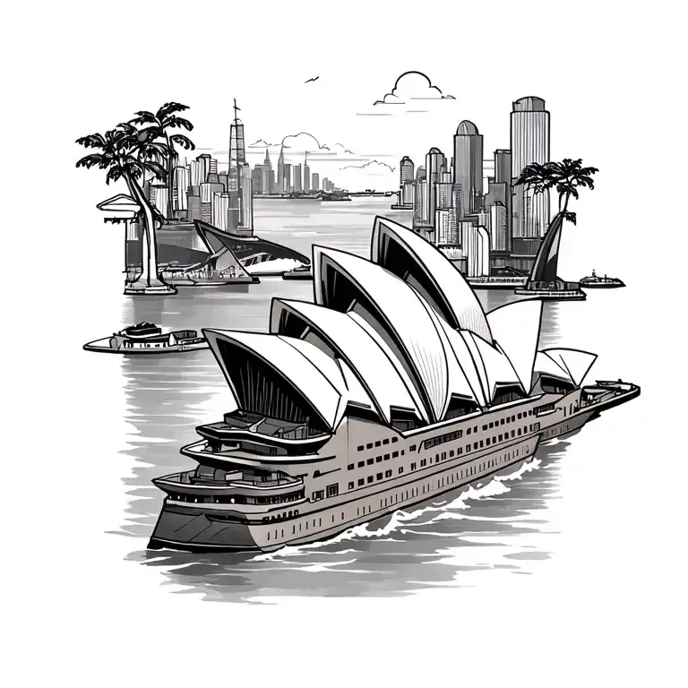 Sydney Opera House and Hong Kong Victoria Harbour, Hawaiian style, Disney tattoo design idea