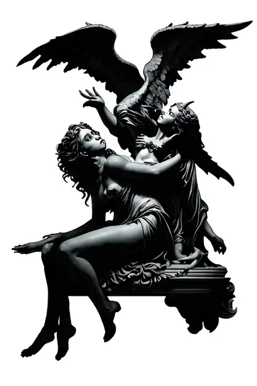 demon girl holding onto angel statue tattoo design idea