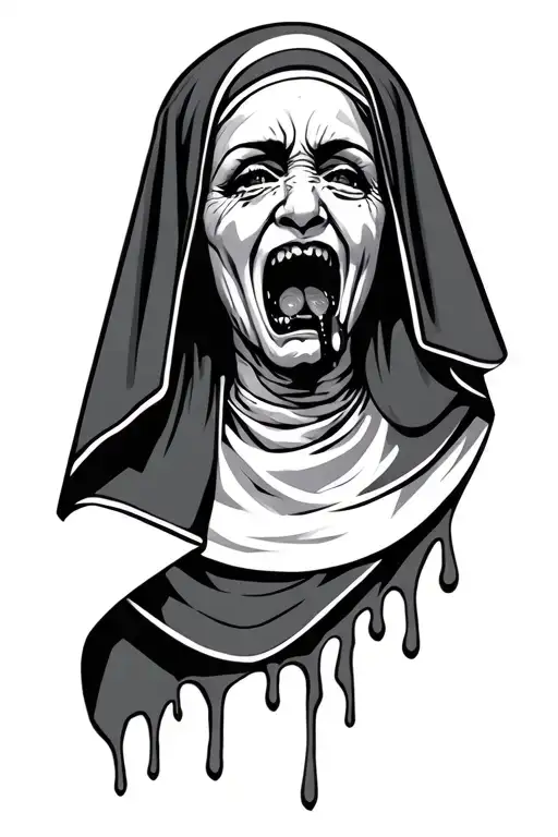 Nun with mouth gag crying and drool flowing  tattoo design idea