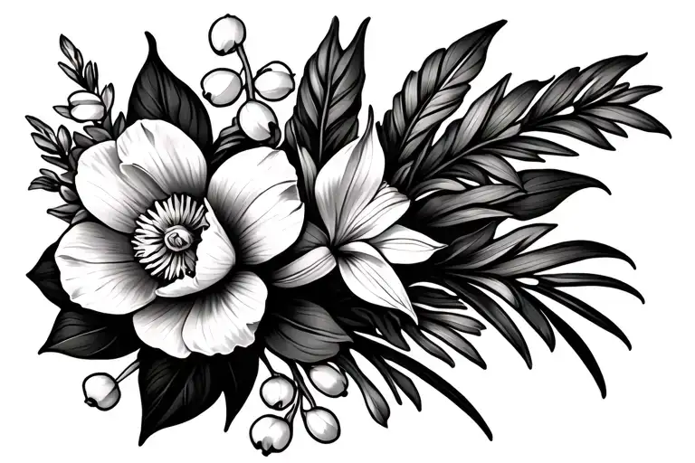 horizontal bouquet with a daffodil, sweet pea, cosmo, peony and a lily of the valley. No stems, greyscale and shading.  tattoo design idea