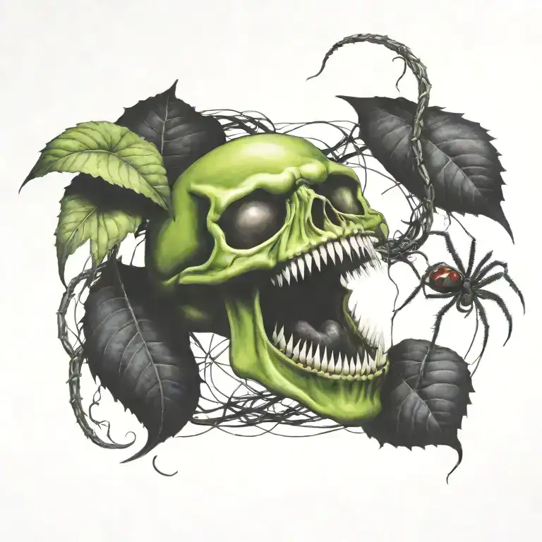 A tattoo design featuring a Venus flytrap and a black widow spider intertwined, set against a backdrop of a dark and mysterious rainforest tattoo design idea