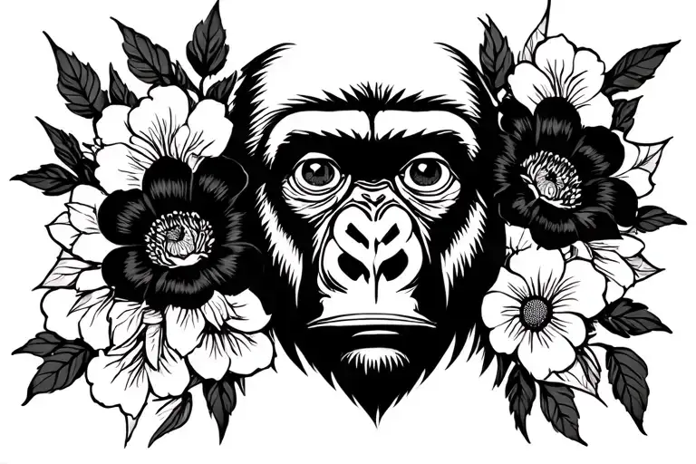 three eyed gorilla with black flowers around it with bold white lines  tattoo design idea